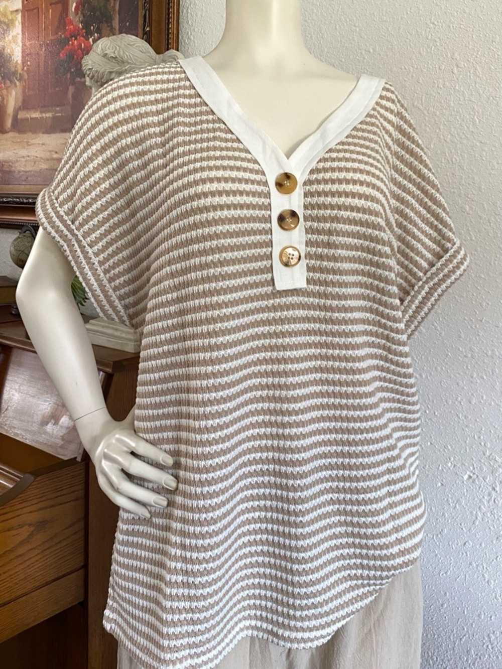Beige and White Open Knit Tunic Sweater